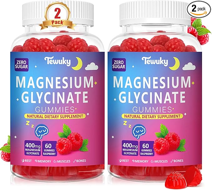 Magnesium Glycinate Gummies 400mg - Sugar Free Vegan Gummies for Adults &amp Kids with Vitamin D3 B6 C CoQ10 Collagen Zinc - Sleep Muscle Bone &amp Memory Support - 60 Raspberry Chewables / 2