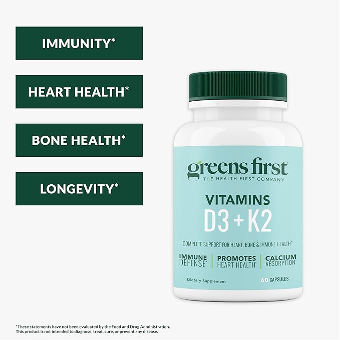 Greens First - Mint - 30 Servings - Greens Powder Superfood 49 Superfoods 15+ Organic Fruit &amp Vegetables Dairy Free Vegan &amp Non-GMO - 9.86 oz and D3+K2 Vitamins 60 Vegetable Capsules