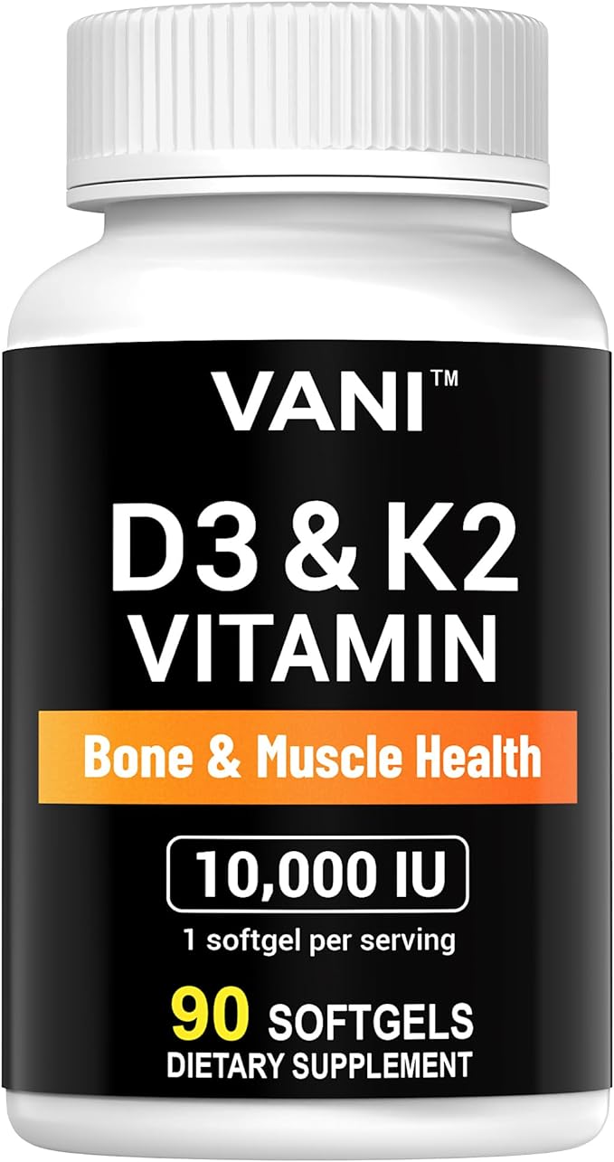 VANI (10000 IU) D3 + K2 Vitamins 2-in-1 Complex Vitamin D3 K2 Supplement Support Bone &amp Muscle &amp Teeth Health 90 SOFTGELS