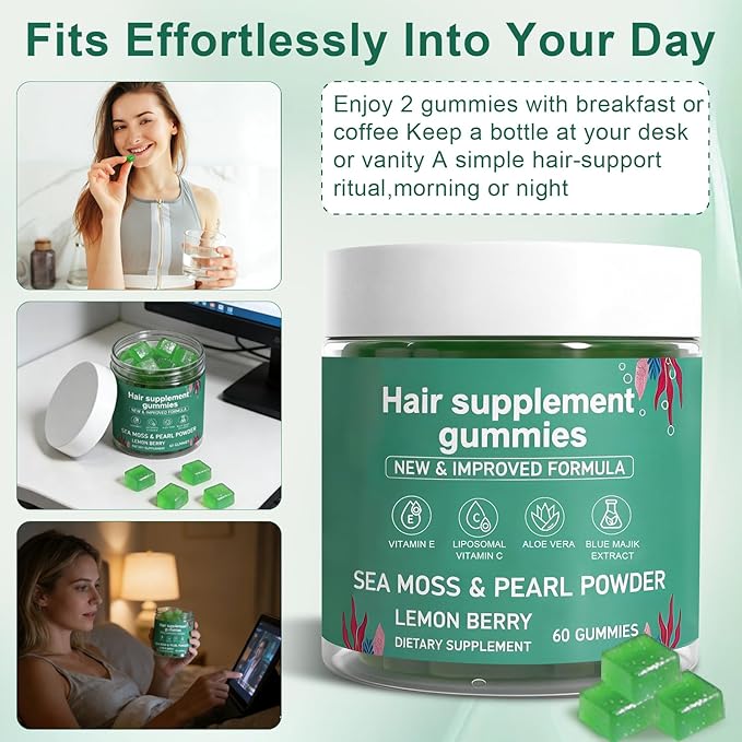 Sea Moss Gummies for Hair LossHair Loss Gummies with Organic Sea MossPearl Powder &amp Aloe VeraVitamin C Vitamin E Supports Hair &amp Skin Wellness Dietary Supplement — 60 Gummies