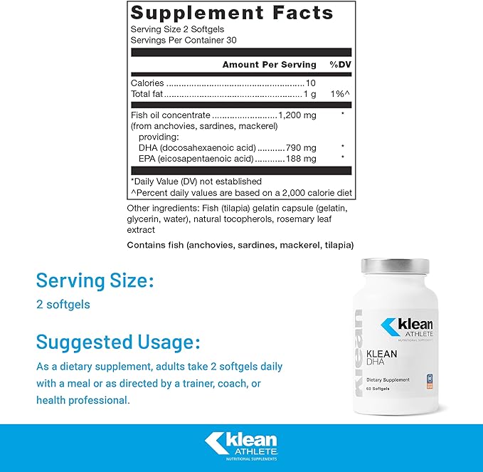 Klean Athlete Klean DHA - DHA Supplement for Athletes - Supports Heart &amp Brain Health* - Omega 3 Fish Oil - with EPA &amp DHA - Non-GMO &amp Gluten Free - 60 Softgels