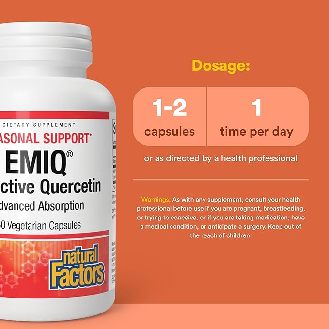 Natural Factors Bioactive Quercetin EMIQ - Immunity Support Supplement with Vitamin C - Quercetin for Upper Respiratory &amp Heart Health - 60 Vegetarian Capsules (60 Servings)