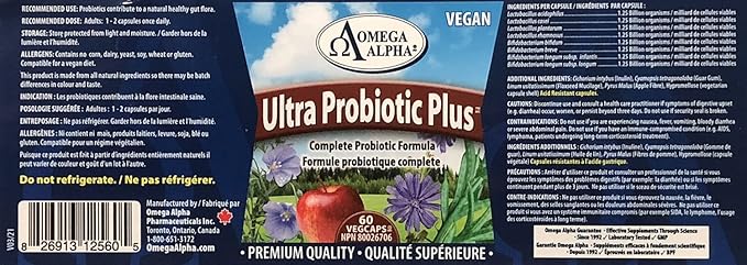 Omega Alpha Ultra Probiotic Plus. Complete Probiotic Formula for Digestive Health and Immune Support. 60 caps