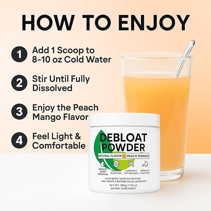 Debloat Powder for Supports Digestive Comfort &amp Bloating Relief Digestive Enzymes for Women &amp Men Rich in Vitamin C Dandelion Root Horsetail Extract Non GMO Peach Mango 200G / 7.05OZ