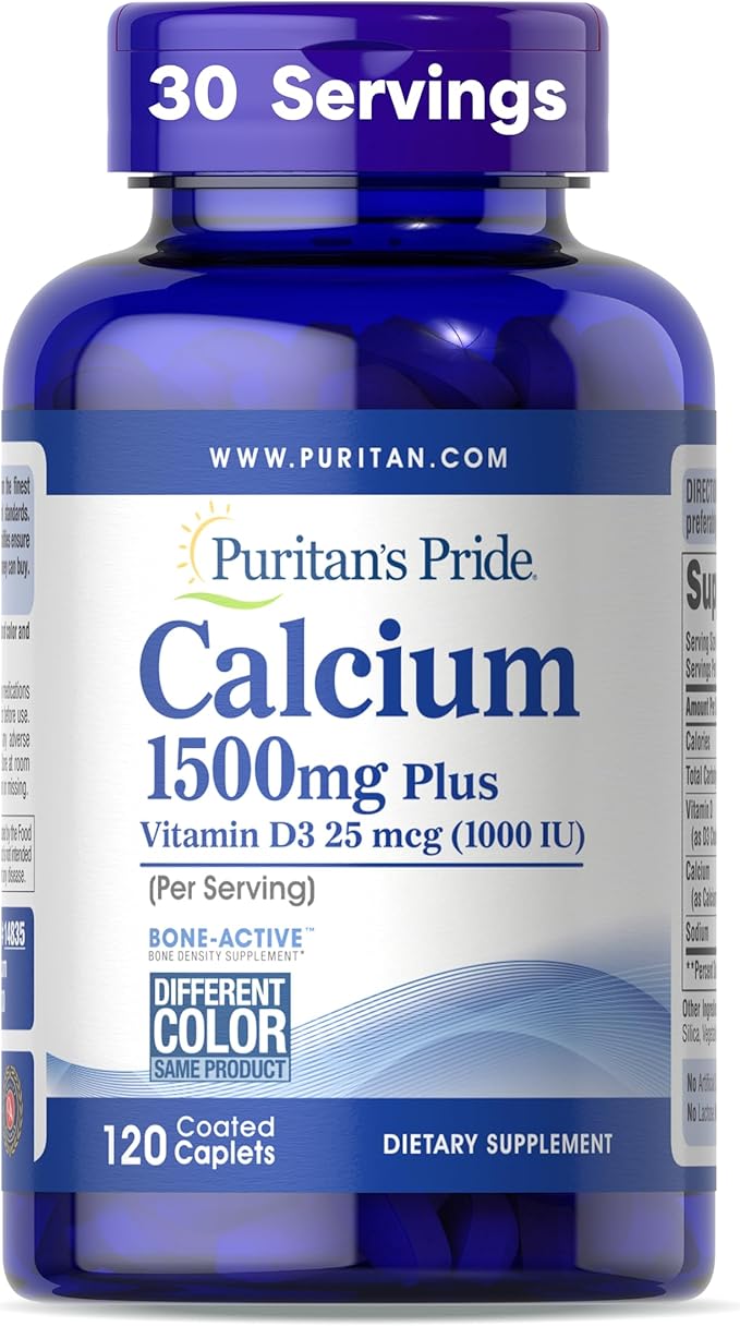 Puritan's Pride Absorbable Calcium 1500 mg Plus Vitamin D3 25mcg 1000 IU Dietary Supplement for Bone Strength Heart Nerve Muscle and Immune Support 120 Coated Caplets