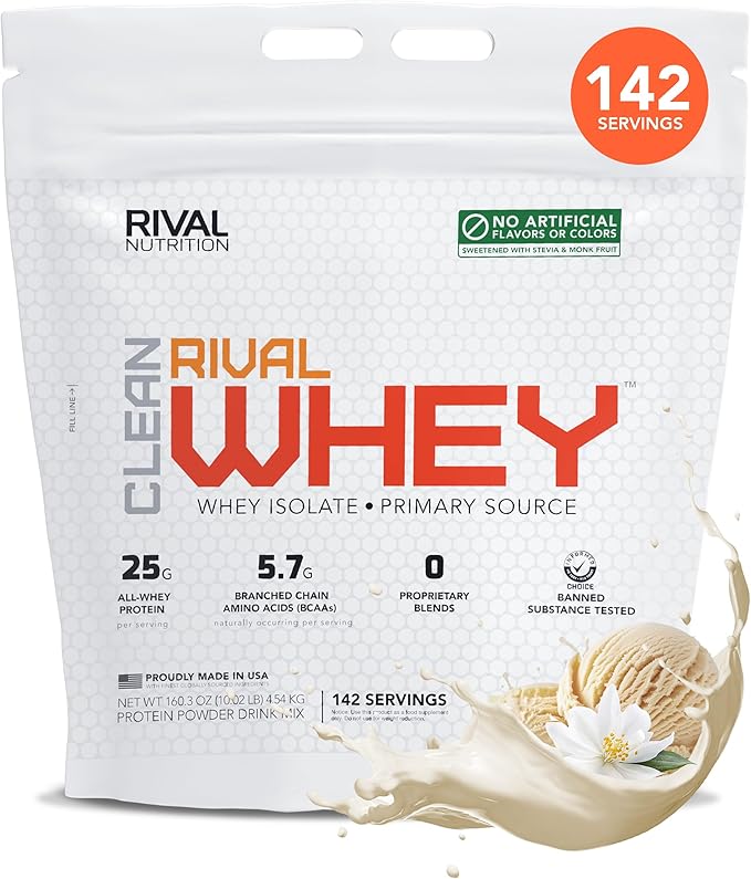 RIVAL NUTRITION Clean Rival Whey – 10LB True Vanilla – 100% Whey Protein Powder Whey Isolate Primary Source | 25g Protein Muscle Gain/Recovery | All Natural No Artificial Ingredients - 142 Servings