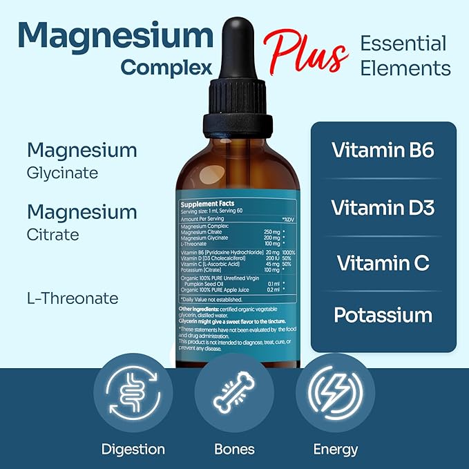 Magnesium Complex Plus 2 fl oz Liquid Drops - Advanced Magnesium Citrate Glycinate L-threonate with Vitamins B6 D C Supplement - High Potency 100% Absorption - 30-Day Supply