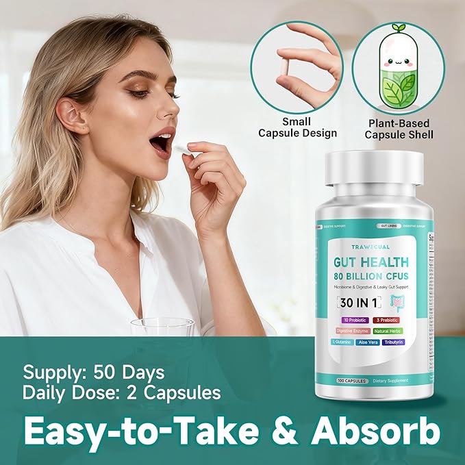 2-Pack Gut Health Capsule Supplement Supports Microbiome Leaky Gut and Digestion with 80 Billion CFU Probiotics Prebiotics Digestive Enzymes 30-in-1 Gut Health Supplement 200 Capsules