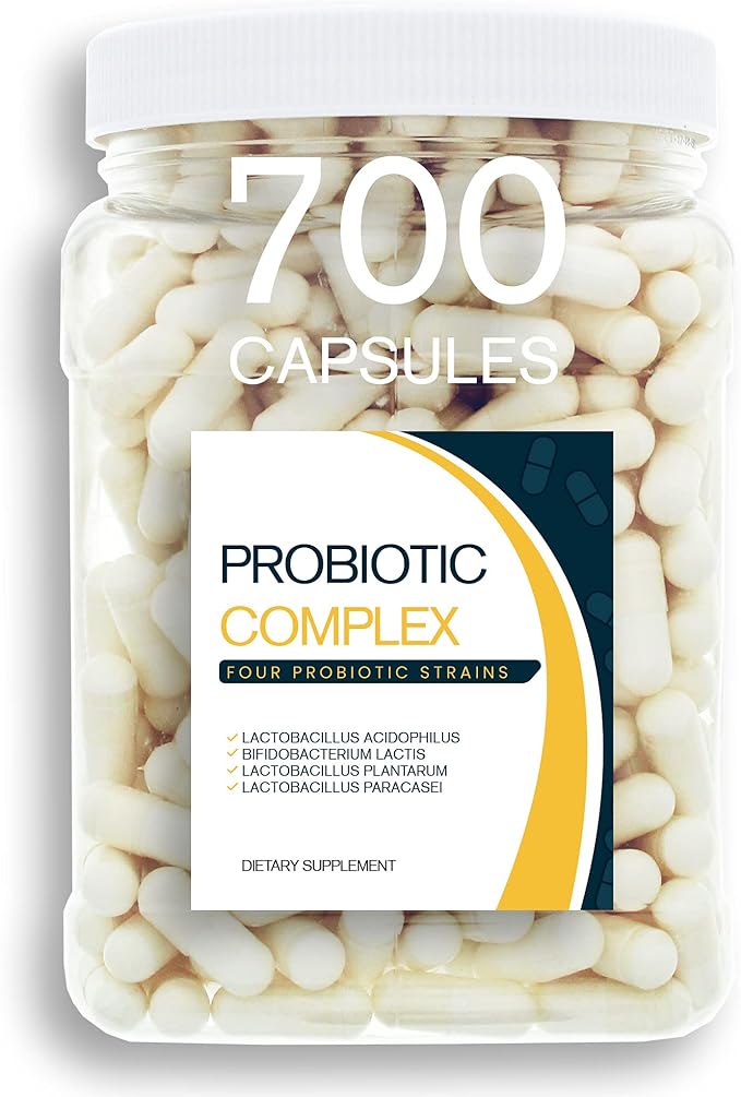 Probiotic Blend - 700CT Value Size Bottle of Multiple Strains of Key Bacteria Include Lactobacillus Acidophilus Bifidobacterium Lactis L. Plantarum L. Paracasei in a Clear Square Grip Jar
