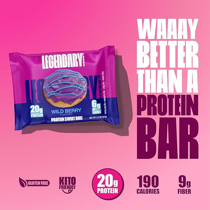 Legendary Foods Cinnamon Roll 22g Protein Bars – Gluten-Free Low Carb Meal Option – Sweet Zero Sugar Snack Keto-Friendly – 10-Pack High Protein Pre- or Post-Workout Nutrition Bars Wild Berry