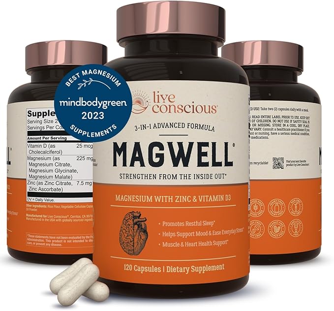 Live Conscious Magnesium Zinc &amp Vitamin D3 - Bioavailable Forms of Magnesium - Malate Glycinate Citrate - MagWell Bone &amp Heart Health Immune System Support - 120 Capsules (2-Pack)
