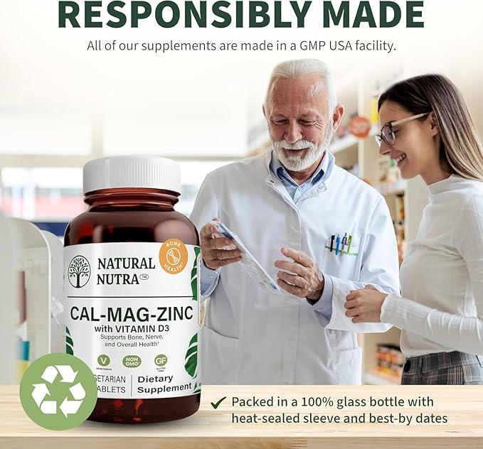 Natural Nutra Calcium Magnesium Zinc with Vitamin D3 - CMZ Supplement | Bone Strength Immune Support Muscle &amp Nerve Health - Cal-Mag Zinc Supplement - Gluten Free - Digestion Support - 250 Table