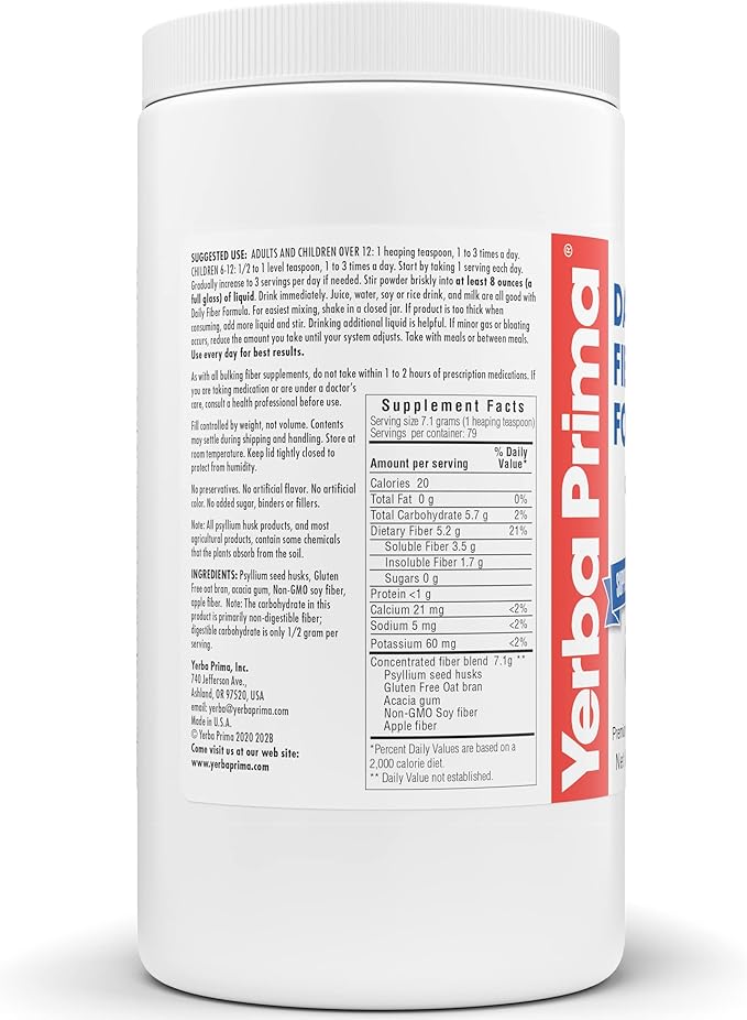 Yerba Prima Daily Fiber Formula - 20 oz Powder - Unflavored Concentrated Blend of Soluble/Insoluble Psyllium Seed Husks Acacia Gum Apple Fiber for Bulk - Dietary Bulking Supplement - Regularity