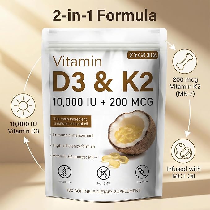 Vitamin D3 10000 IU with K2 MK-7 200 mcg Softgels 180 Count | Supports Bone Heart &amp Immune Health | Enhanced Absorption with Organic Coconut Oil Non-GMO Easy to Swallow Supplement (01)