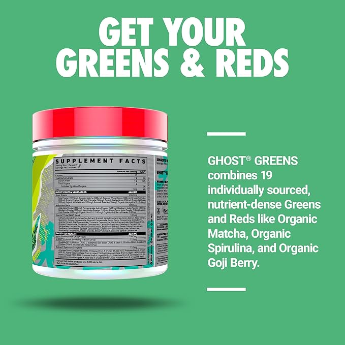GHOST Greens Powder Lime - 30 Servings - 19 Superfood Greens &amp Reds Powder Fruits Vegetables Spirulina &amp Chlorella Prebiotics 10 Billion CFU Probiotic &amp Digestive Enzymes - Gluten-F