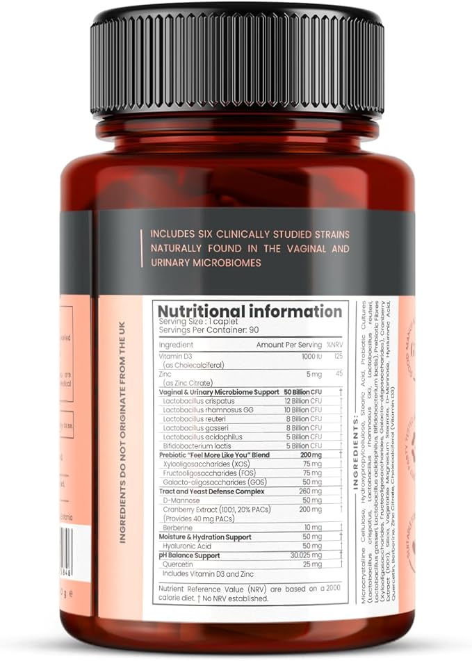 Veev Intimate Flora - Vaginal &amp Gut Microbiome Support – 50 Billion CFU – Probiotics Prebiotics Cranberry D-Mannose Hyaluronic Acid – 90 Caplets – 3 Month Supply