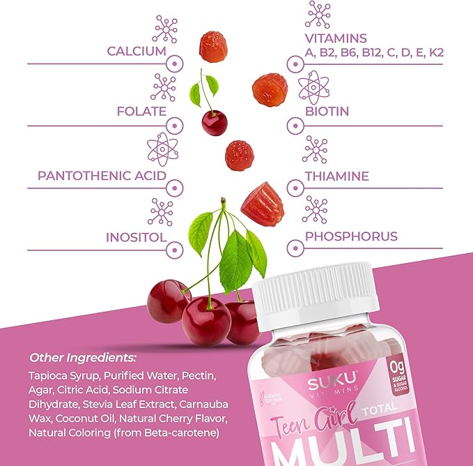 SUKU Teen Girl Multivitamin Gummies – Vitamins A B12 C D3 E Biotin &amp Zinc – Sugar-Free Vegetarian Supplement for Skin Energy Immune &amp Bone Health – Cherry Flavor – 60 Count