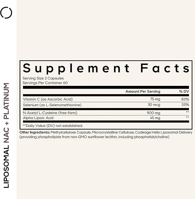 Codeage Liposomal NAC+ Platinum - N-Acetyl L-Cysteine Vitamin C Alpha Lipoic Acid Selenium - 2-Month Supply - Helix Liposomal Delivery - Phospholipid - Non-GMO NAC Dietary Supplement - 120 Capsules