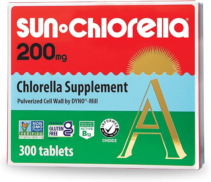 Sun Chlorella 200 mg Green Algae Superfood Supplement - Pulverized Cell Wall - Chlorophyll CGF Active B12 Iron Protein - Non-GMO - 300 Tablets