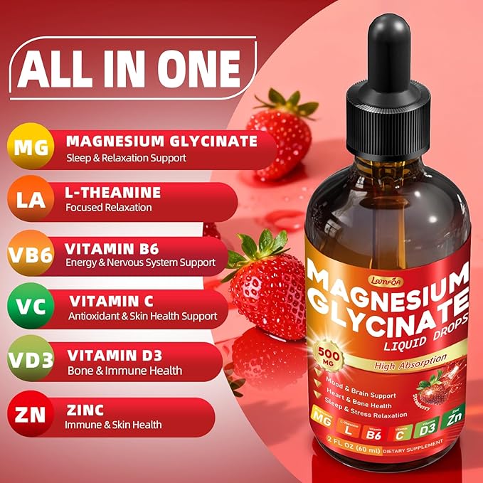 Magnesium Glycinate Liquid Drops Supplement - Vegan GMO Free Gluten Free for Muscle &amp Bone Health Support (Strawberry 60ml) 2 Pack
