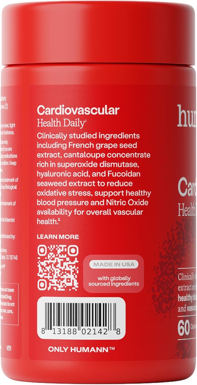 Humann Cardiovascular Health Daily 4-in-1 Vascular &amp Blood Pressure Support Grape Seed Extract &amp Hyaluronic Acid Circulation Supplement Plant-Based Non-GMO 60 Capsules