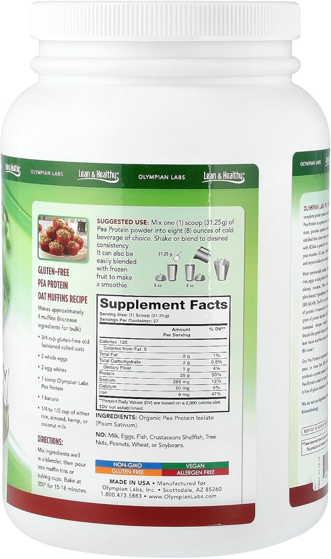 Olympian Labs Plant Based Pea Protein Powder Unflavored - 25g of Protein Vegan Low Net Carbs Gluten Free Lactose Free No Sugar Added Soy Free Kosher Non-GMO 2 Pound Pea Protein Powder