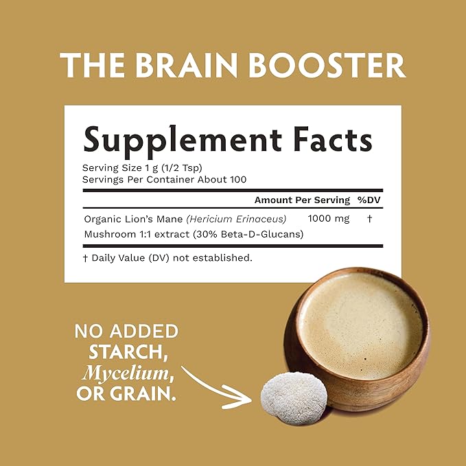 TRIBE ORGANICS Lion’s Mane Powder - Organic Mushroom Extract Powder - Immune System Booster &amp Brain Nootropic for Focus and Memory - Natural Energy and Immunity - 100g Pouch - 100 Servings