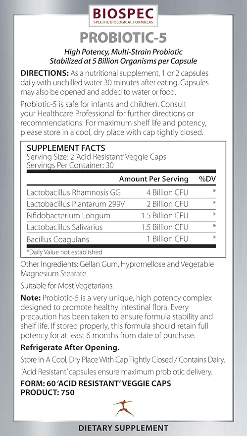 BIOSPEC NUTRITIONALS Probiotic-5 – Broad-Spectrum Probiotic Complex w/ 5 Billion Microorganisms and 5 Unique Strains per Capsule