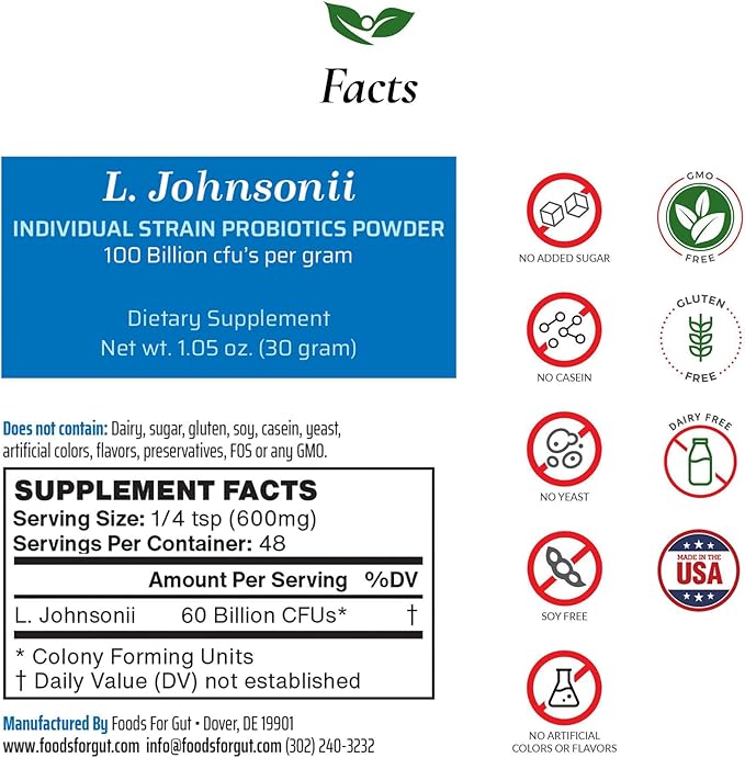 Foods For Gut Lactobacillus Johnsonii Probiotic Powder 100 Billion cfu's | No Additives | Direct from Manufacturer | No Third-Party Storage | Immune Support | L. Johnsonii | 30 Grams (1.05 Oz)