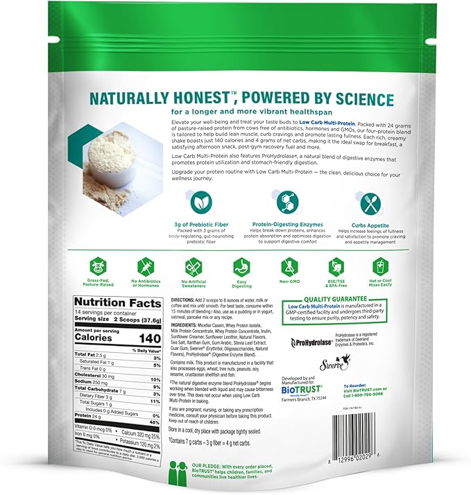 BioTrust Low Carb Protein Powder - Healthy Isolated Whey Protein Powder and Casein Blend from Grass-Fed Pasture-Raised Cattle Plus Digestive Enzymes - Salted Caramel 14 Servings
