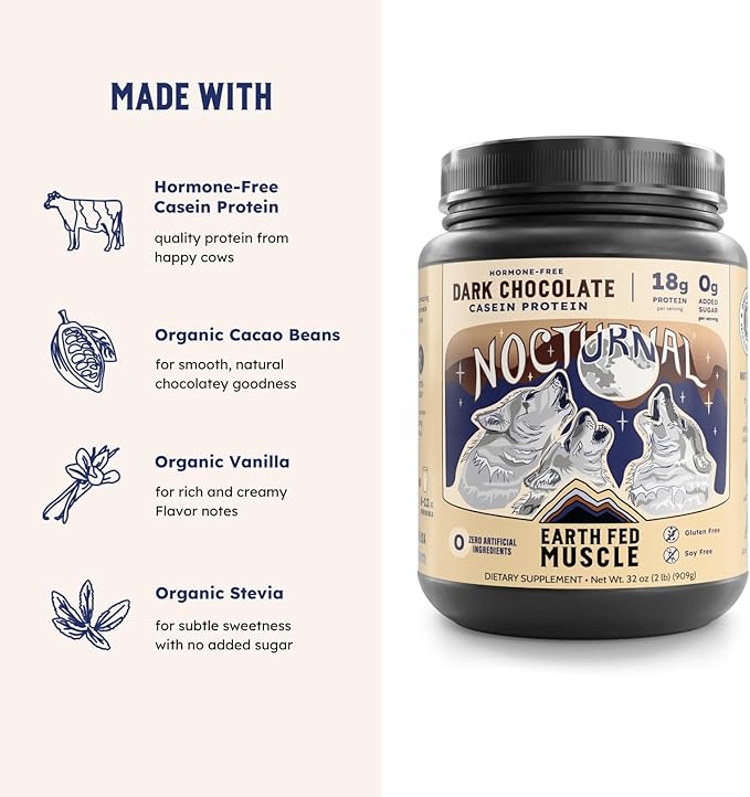 Earth Fed Muscle Nocturnal Casein Protein Powder – Dark Chocolate Protein Powder with Whey Blend – 18g Protein Sugar Free Gluten Free – Nighttime Recovery Protein Poweder – 2lb 23 Servings
