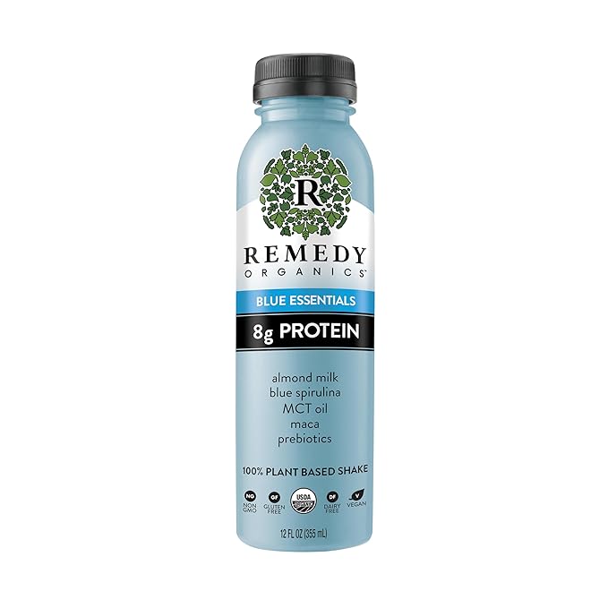 Remedy Organics Blue Essentials 12-Pack | Plant Based 8g Protein Shakes Ready to Drink | USDA Organic Gluten Free Dairy Free Soy Free