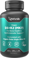 Naturalis Vegan Vitamin D3 + K2 from Algae | 5000iu Vitamin D with 120mcg MK7 Vitamin K | Vegan Society Certified Sustainably Sourced Better Than Animal Derived | 60 Veggie Softgels