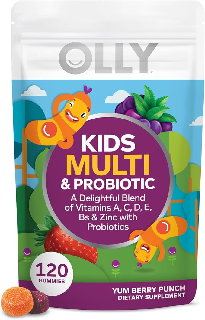 OLLY Kids Multivitamin &amp Probiotic Gummy Digestive Support Vitamins A D C E B Zinc Chewable Supplement Berry Flavor 60 day supply - 120 Count