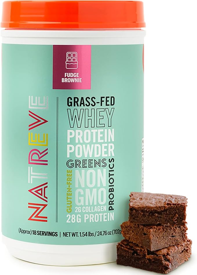 Natreve Whey Protein Powder - 28g Grass-Fed Whey Protein with Amino Acids Probiotics &amp Collagen - Gluten Free Fudge Brownie 18 Servings