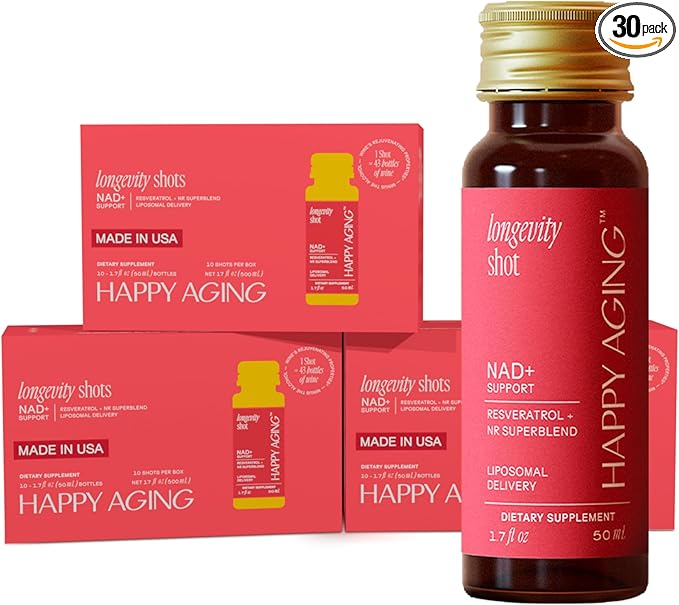 Happy Aging Liquid NAD+ Resveratrol Supplement NMN Alternative Liposomal Nicotinamide Riboside &amp Antioxidants for Energy Support Brain Health Firm Skin Twice Weekly Use 30 Shots