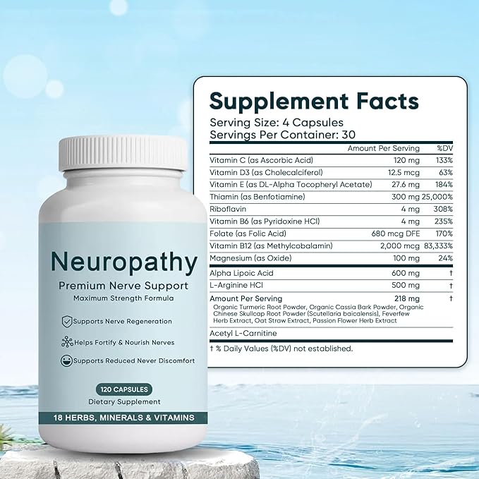 NerveBright Neuropathy Support Nerve Supplement Fortify Nerves in Fingers Hands Toes &amp Feet with 600 mg Pure Alpha Lipoic Acid Vitamins C D3 E B6 B12 Support Overall Nerve Health 120 Capsul