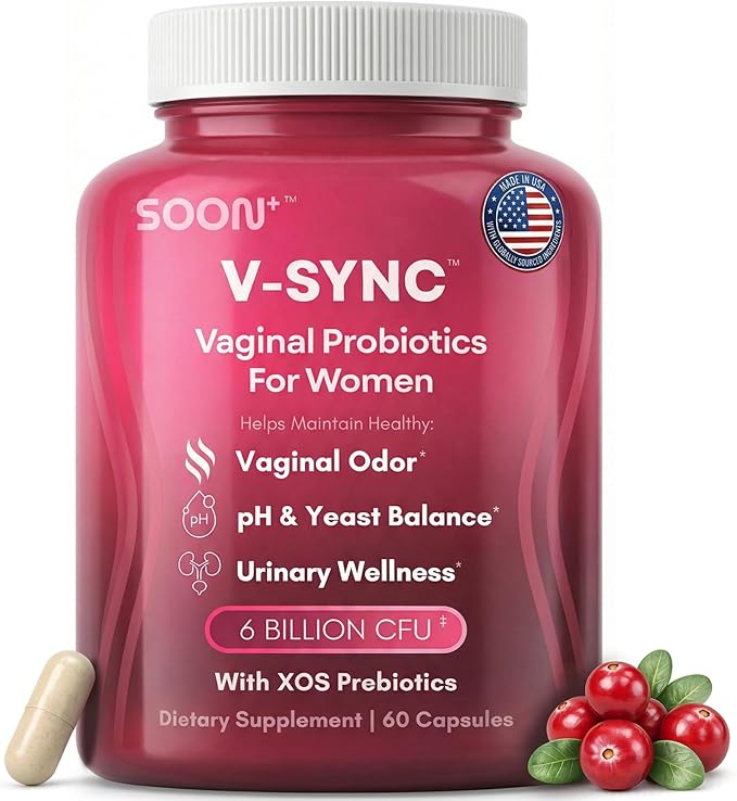 SOON+ Vaginal Probiotics for Women V-Sync Vaginal Probiotic with Lactobacillus Cranberry &amp Prebiotics Support pH Balance for Women Urinary Health Digestive Support 6 Billion CFU 60 Capsules