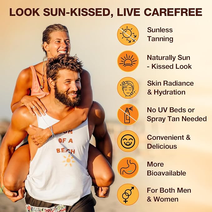 Tanning Gummies with Astaxanthin for Women and Men | Sunless Tanning Supplement with Beta Carotene Lycopene Collagen &amp Vitamins | Skin Radiance &amp Hydration | Vegan &amp Sugar Free - 120 Cou