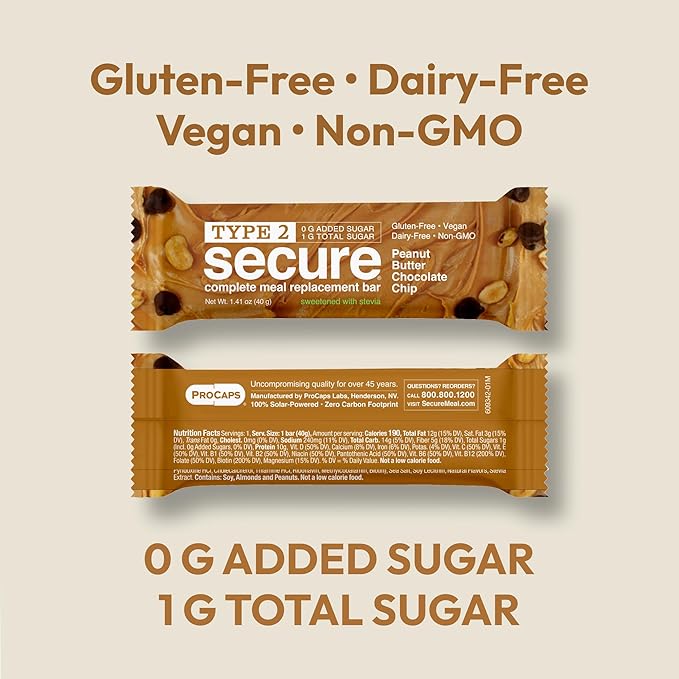 ANDREW LESSMAN Type 2 Secure Complete Meal Replacement Bars (Stevia) – Peanut Butter Chocolate Chip – 24 ct box – 10g Protein 0g Added Sugar 16 Essential Vitamins &amp Minerals Gluten-Free Vegan