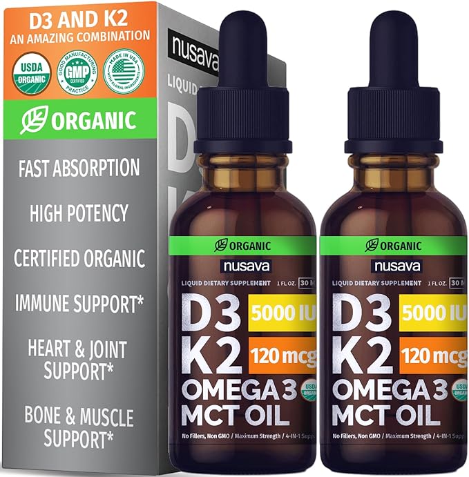 NUSAVA Unflavored D3 K2 Strawberry Flavored D3 K2 &amp Vitamin B12 Liquid Drops Bundle - Potent Liquid Vitamins for Heart Joint Energy &amp Immune Support - Non-GMO Gluten-Free 2pk Each