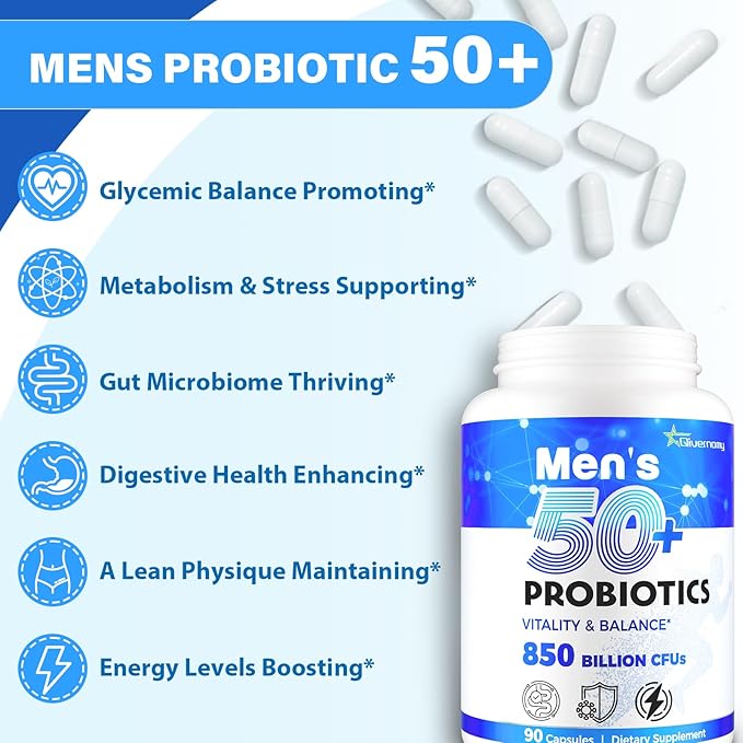 Probiotics for Men Advanced 50+ Mens Probiotic Comprehensive Gut &amp Energy Support with 850 Billion CFU 1800mg Prebiotics Fiber – Tailored Wellness mens probiotics for gut health over 50 90 Cap
