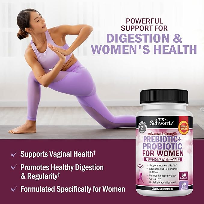 Prebiotics and Probiotics for Women - with Black Cohosh and Red Clover for Gut Vaginal and Immune Health Support Whole Food Digestive Enzymes Capsules Lactobacillus Probiotic Supplement 60 Count