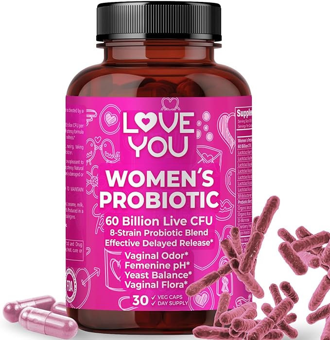 Love You Womens Probiotic Ph Balance Ut Feminine Vaginal Health Supplement Digestive Pre + Pro + Postbiotic Delayed Release 60 Billion Live CFU 8-Strain Probiotic Blend 30 Veg Caps Servings