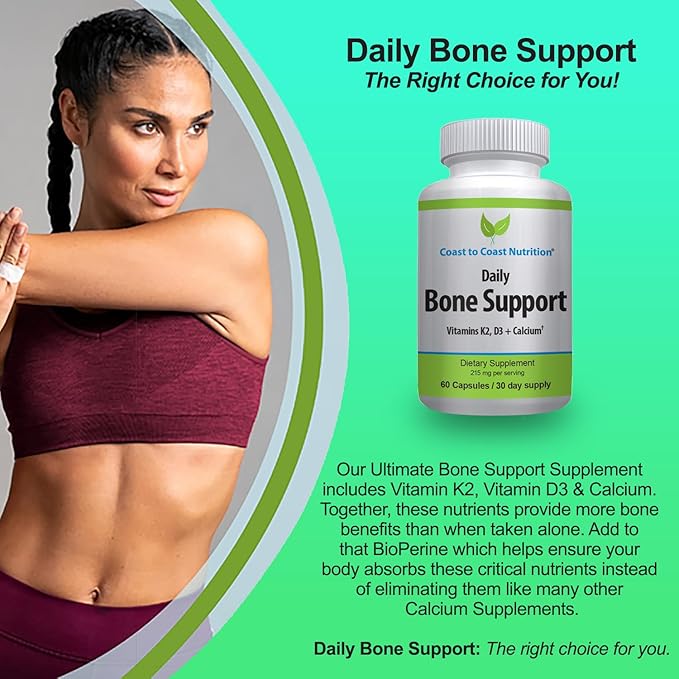 Daily Bone Support: Calcium Supplement with Vitamin D3 K2 - Supplement for Bones – Ideal for Older Adults Postmenopausal Women Athletes - 60 Vegetarian Capsules