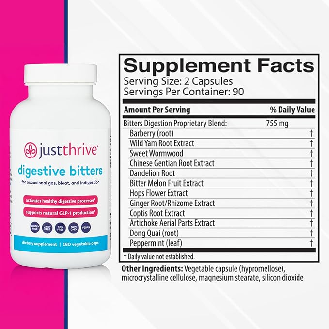 Just Thrive Digestive Bitters Supports Digestion GLP-1 Eases Bloating Gut Health Metabolism &amp Nutrient Absorption 12 Herbal Extracts 180 Caps