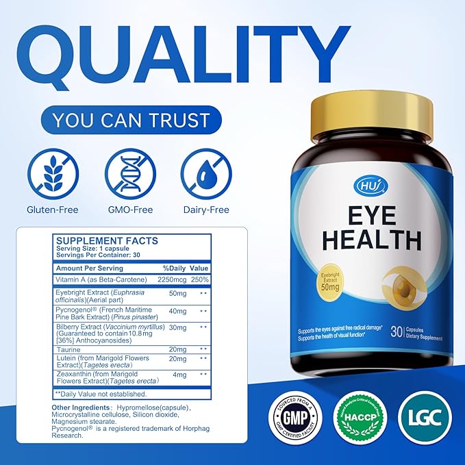 HUJ Eye Health - Eye Supplement for Adults with Pycnogenol®(French Maritime Pine Bark Extract)Bilberry ExtractLutein - Supports Vision Eye Function and Blue Light Protection* - 30 Capsules