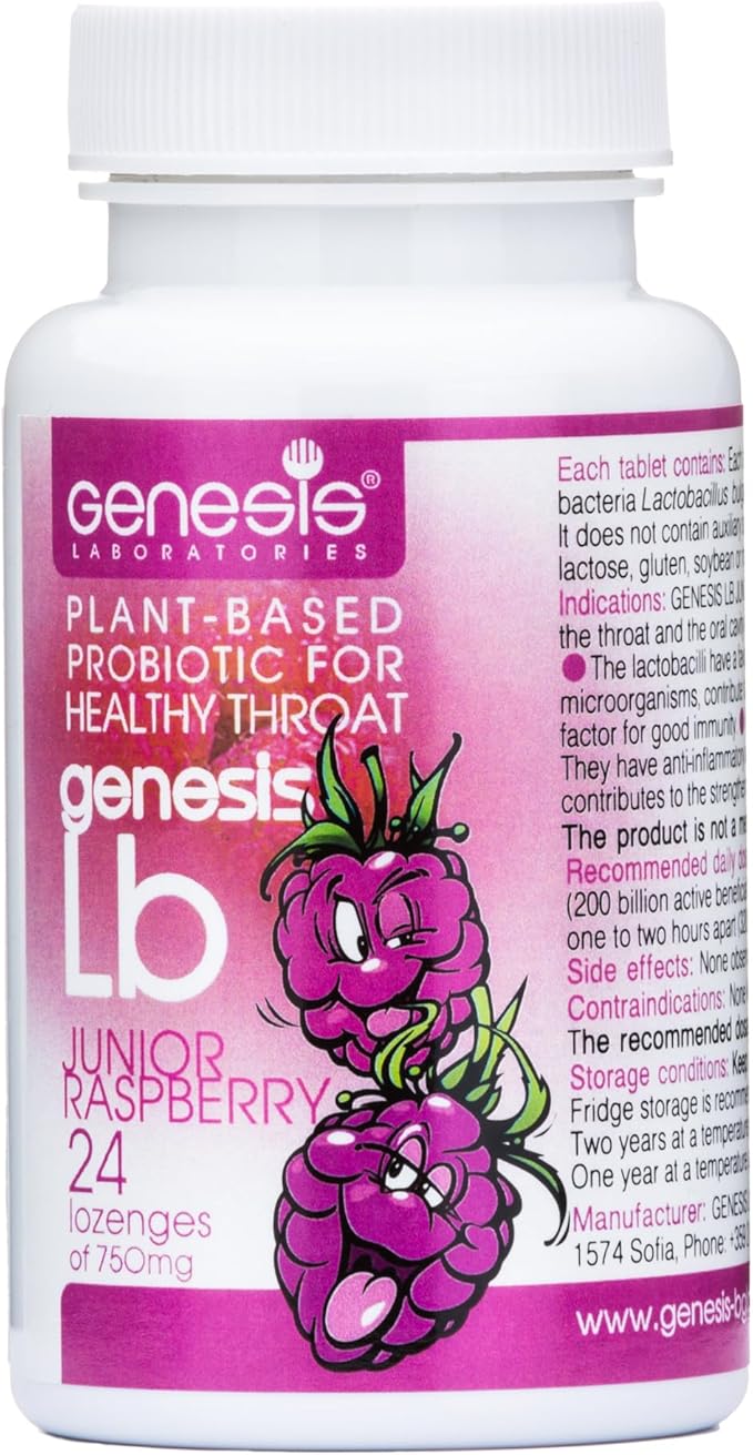Genesis LB Junior Kids Probiotic | Plant-Based Raspberry Probiotic Lozenges for Children | BIO Vegan Oral &amp Throat Health + Gut &amp Immune Support | Dairy-Free Gluten-Free 24 Tablets