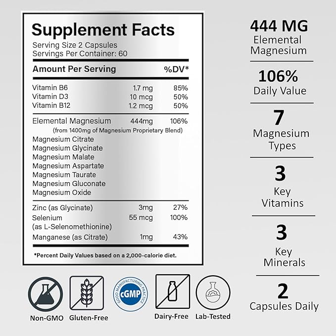 High Absorption Magnesium Complex Supplement 444mg 120Cap | 7 Forms Citrate Glycinate Malate Aspartate Taurate Gluconate Oxide + B6 B12 D3 Zinc Selenium Manganese | Stress Sleep Calm Muscle Heart