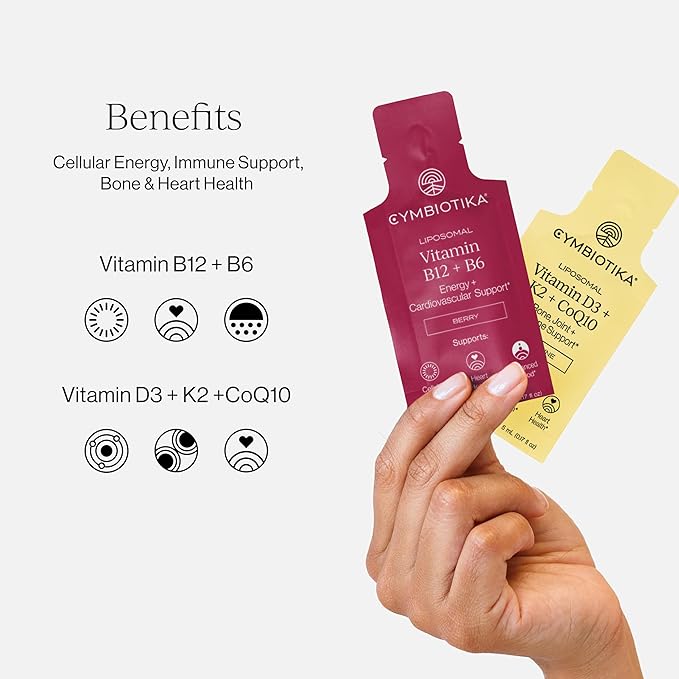 CYMBIOTIKA Liposomal Vitamin B12 + B6 &amp Vitamin D3 + K2 + CoQ10 Cellular Energy Joint + Bone Brain + Heart Health Nerve Function Immune Support High Absorption 2 x 12 5 mL Liquid Supplement